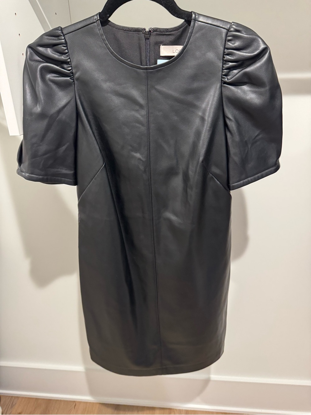 LOFT Black Faux Leather Puff-Sleeve Shift Dress